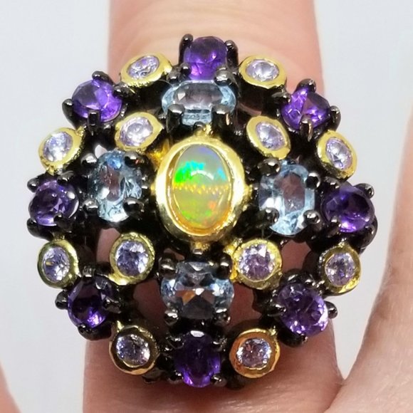 Big natural opal, amethyst and topaz ring